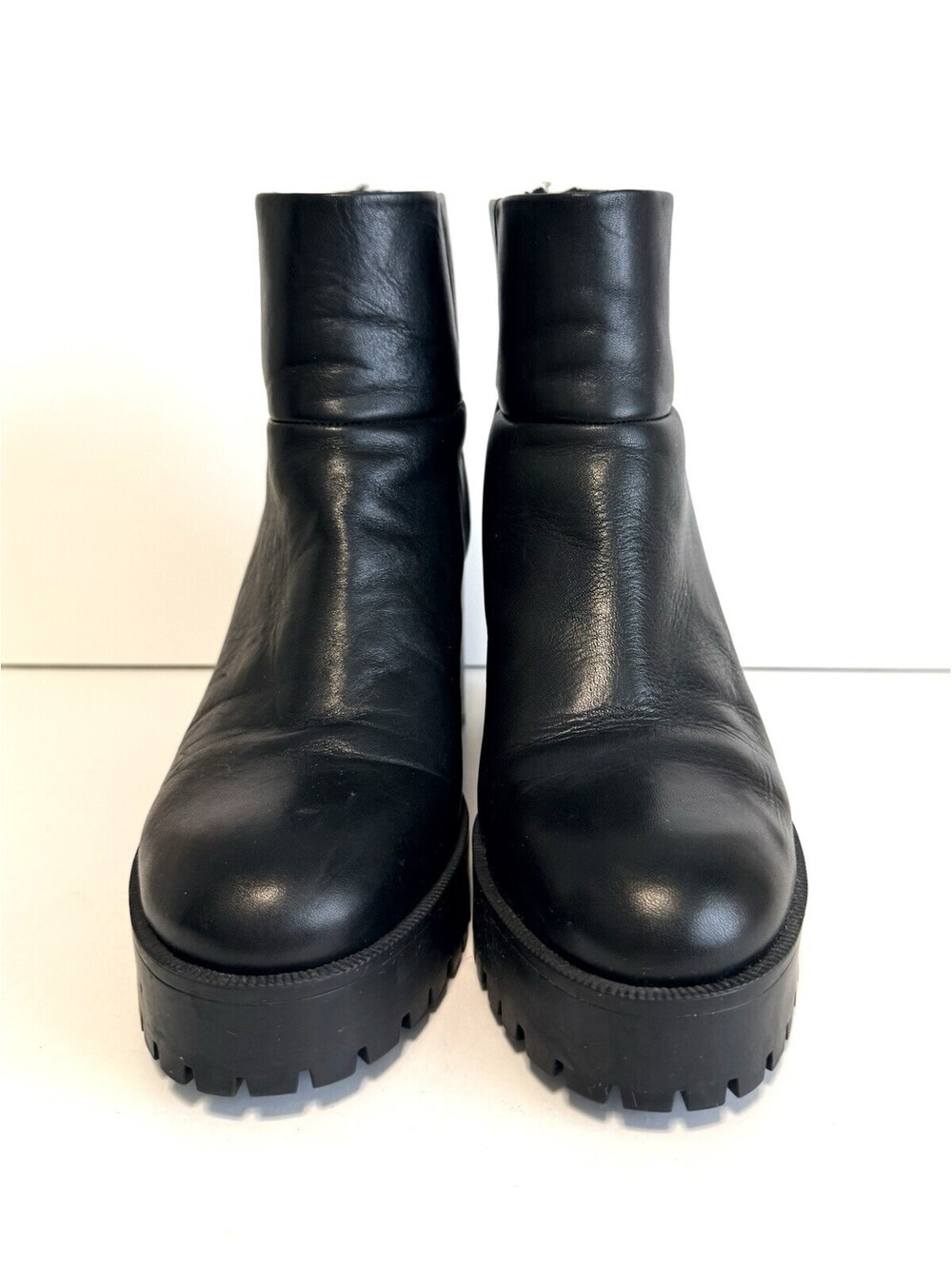 ZARA Basic Women’s Black Leather Ankle Boots EU 39 US 8.5 Block Heel Lug Sole